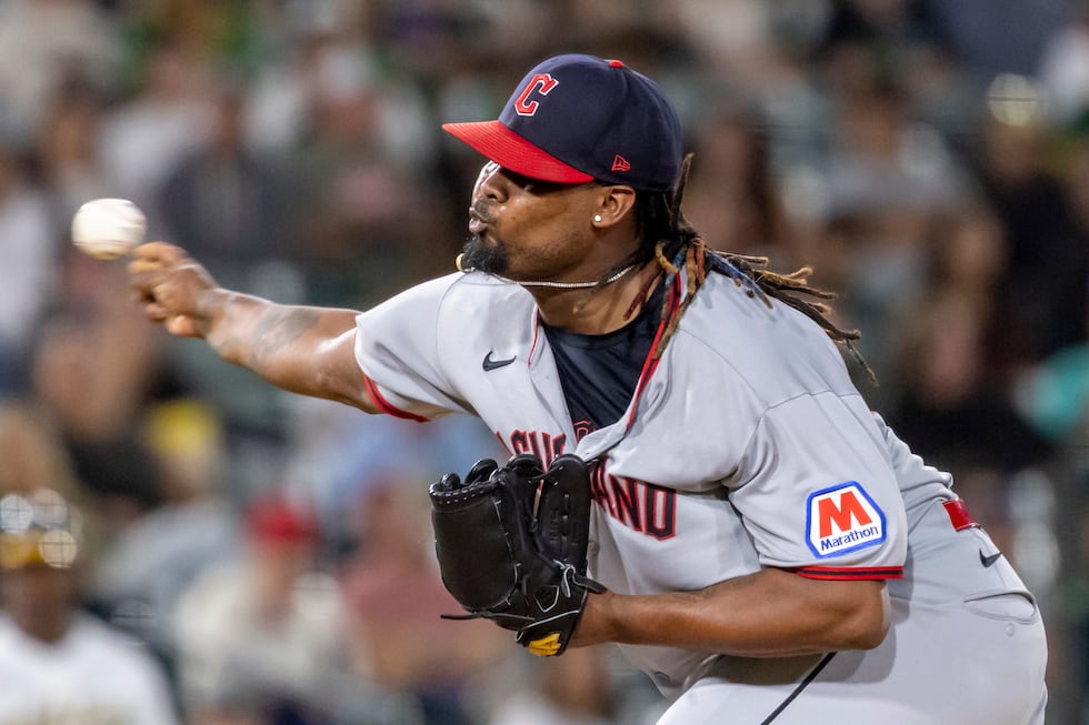 Cleveland Guardians pitcher Luis L. Ortiz throws tot he Athletics during the seventh inning of...