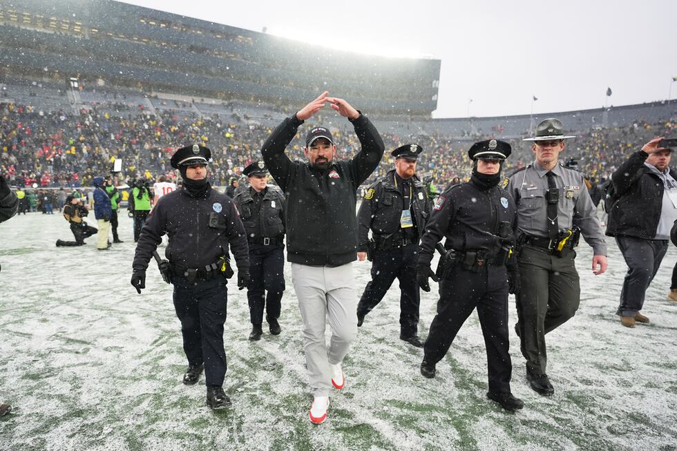 Ohio State Buckeyes head coach Ryan Day celebrates after the team's win against Michigan in an...