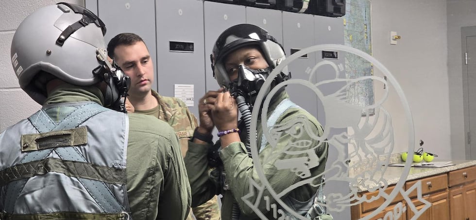 13 Action News Anchor James Starks flies in an F-16 with the 180th Fighter Wing ahead of the...
