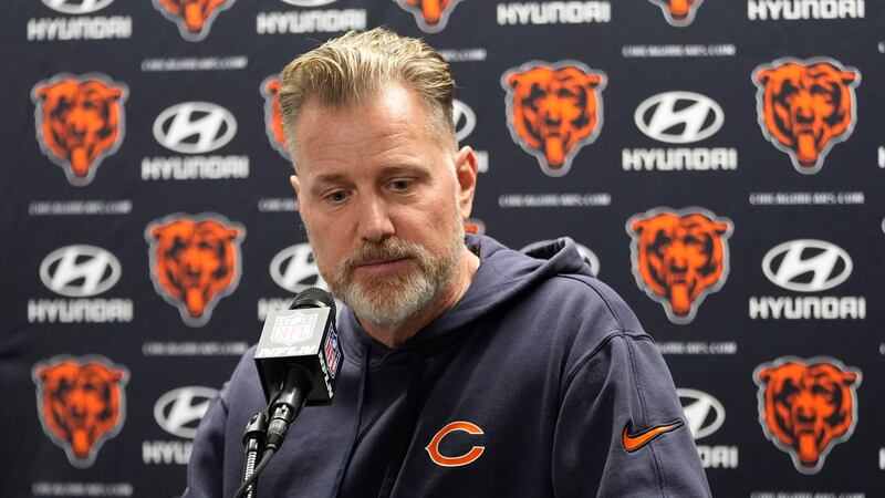 Chicago Bears head coach Matt Eberflus talks to the media after an NFL football game against...