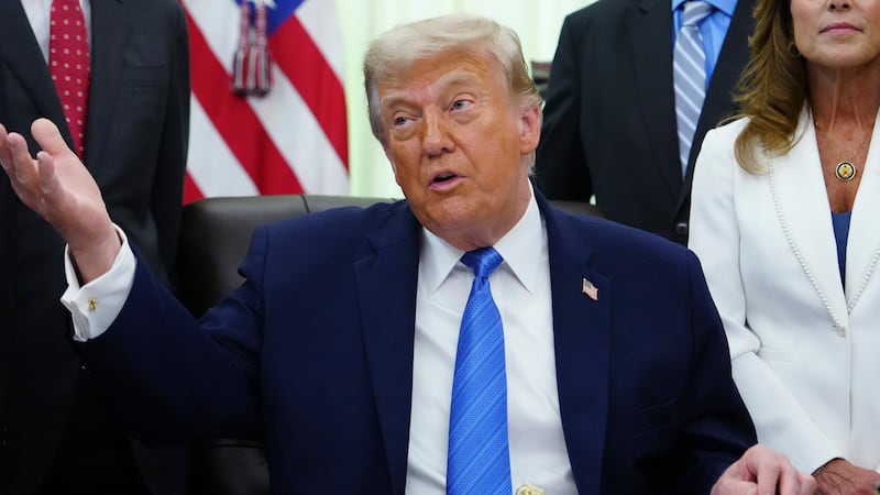 President Donald Trump speaks in the Oval Office of the White House, Wednesday, June 10, 2026,...