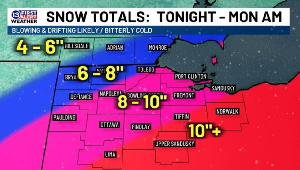 13 Primera alerta meteorológica: totales de nieve esperados de WTVG publicados el 24 de enero de 2026